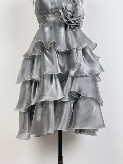 Vintage Laser Silver Strap Cake Skirt Homecoming Dress P3363
