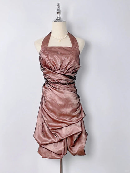 Retro Milk Coffee Color Halter Neck Black Tulle Bud Homecoming Dress P3364