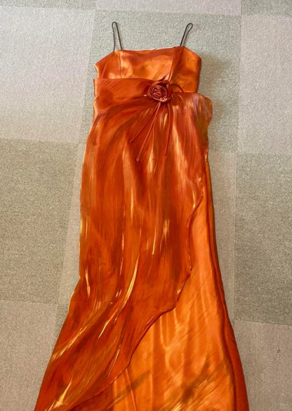 Beautiful Orange Shoulder Strap Laser 3D Flower Mermaid Prom Dress P3372