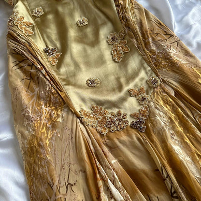 French Retro Gold Beaded Satin Irregular Skirt Prom Dress P3380