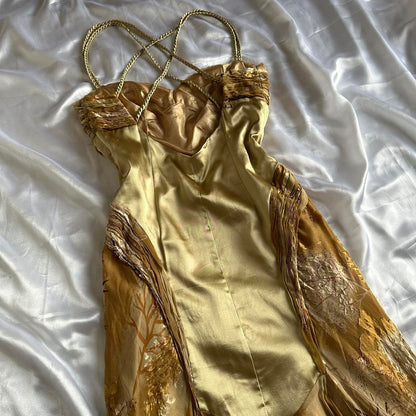 French Retro Gold Beaded Satin Irregular Skirt Prom Dress P3380