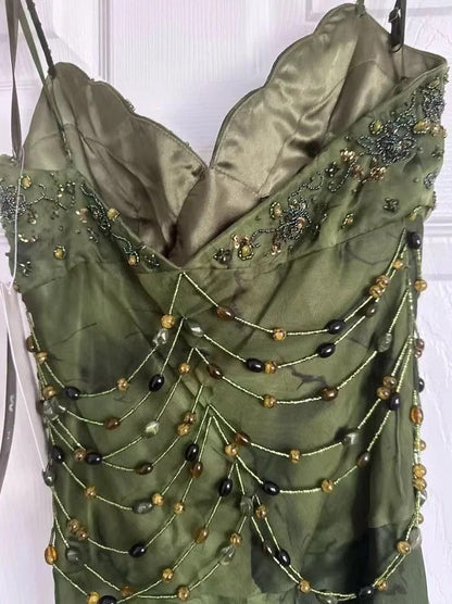Vintage Dark Green Beaded Strap Chiffon Mermaid Slit Prom Dress P3381