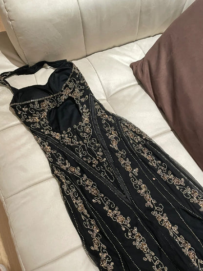 Sexy And Beautiful Black Halter Neck Mermaid Beaded Sequined Long Prom Dress P3384