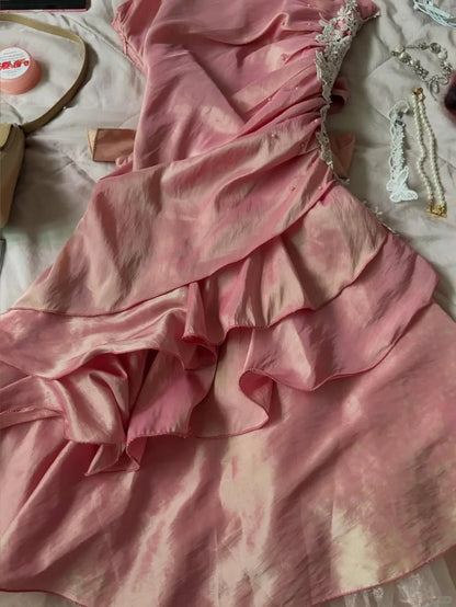 Cute Pink Spaghetti Strap Laser Ruffle Homecoming Dress P3411
