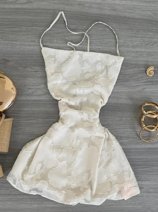 Spaghetti Strap White Embroidered Tie Back Mini Homecoming Dress P3413