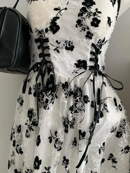 Princess Spaghetti Strap Sweetheart Neck Lace Black Floral A-Line Homecoming Dress P3414
