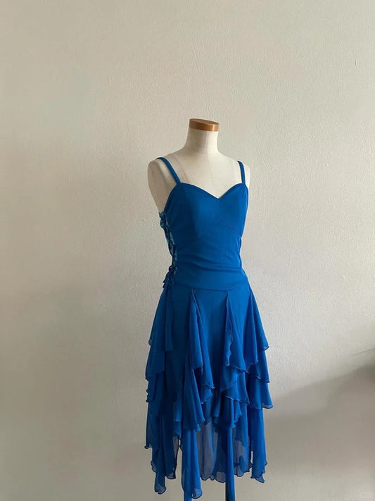 Lovely Royal Blue Chiffon Ruffle Spaghetti Strap Homecoming Dress P3417