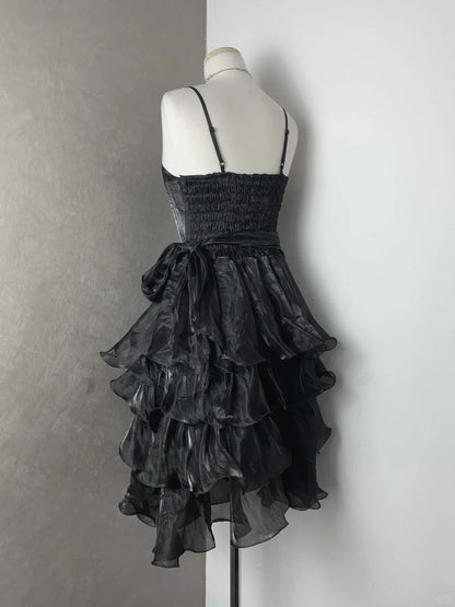Chic Black Laser Spaghetti Strap Cake Skirt Homecoming Dress P3418