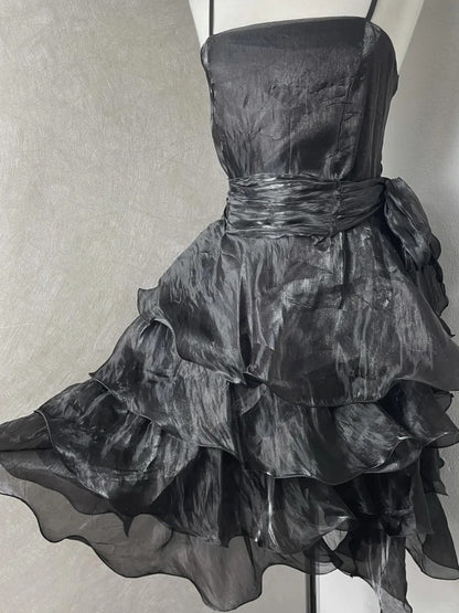 Chic Black Laser Spaghetti Strap Cake Skirt Homecoming Dress P3418