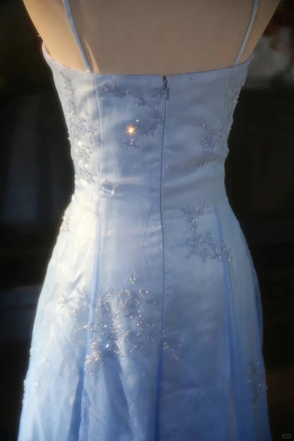 Vintage Gradient Blue Spaghetti Strap Beaded Tulle Long Prom Dress P3427