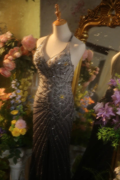 Elegant Gradient Gray Halter Neck Beaded Mermaid Prom Dress P3433