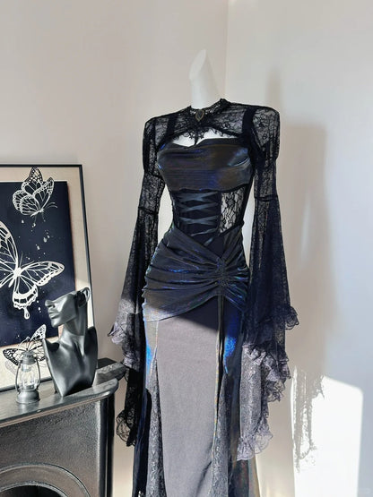 Stunning Black Mermaid Strap Lace Drawstring Prom Dress P3434
