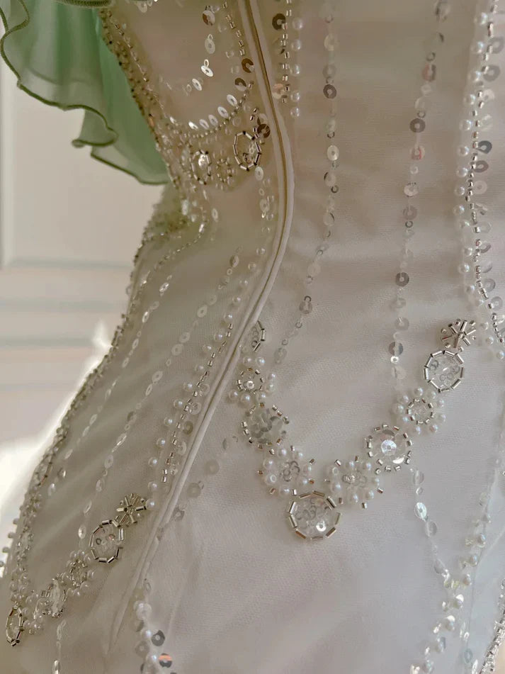 Gorgeous Shiny Beaded Spaghetti Strap Ruffles Chiffon Mermaid Prom Dress Evening Dress TP4307