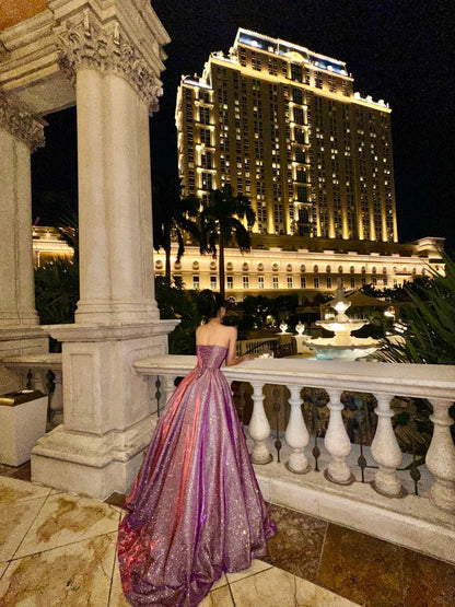 Charming Purple Sweetheart Neck Sleeveless Sparkling Train Prom Dress P3442