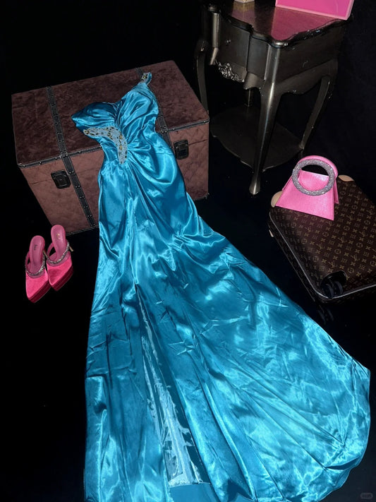 Elegant Blue Satin One Shoulder Beaded Slit Long Prom Dress P3447