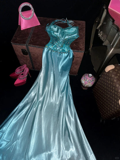 Vintage Blue Satin Beaded Halter Neck Long Prom Dress P3451