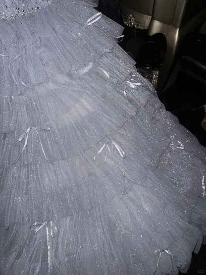 Sparkling Galaxy Silver Beaded Bow Tulle Princess Prom Dress P3453