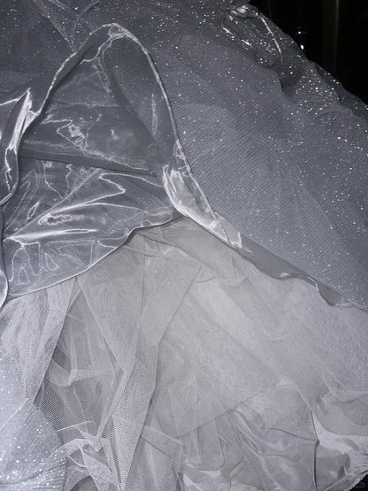 Sparkling Galaxy Silver Beaded Bow Tulle Princess Prom Dress P3453