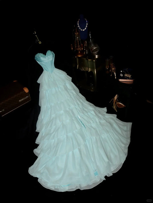Elegant And Simple Sweetheart Neckline Blue Satin Chiffon A-line Prom Dress P3457