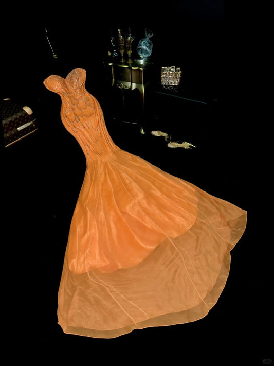 Sexy Orange Sweetheart Neck Mermaid Beaded Sequin Long Prom Dress P3458