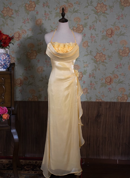 Light Luxury Retro Halterneck Sleeveless Three-dimensional Flower Backless Long Prom Dress P3480