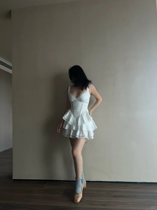 Cute White Strapless V Neck Lace Trim Mini Birthday Party Homecoming Dress P3486