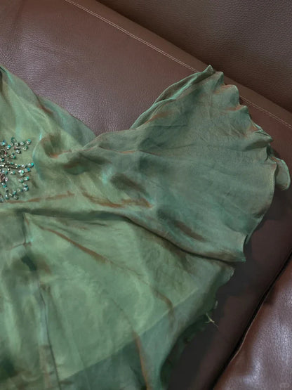 Gorgeous Green V-neck Glittering Beaded Spaghetti Strap Ruffles Chiffon A-Line Prom Dress Evening Dress TP4306