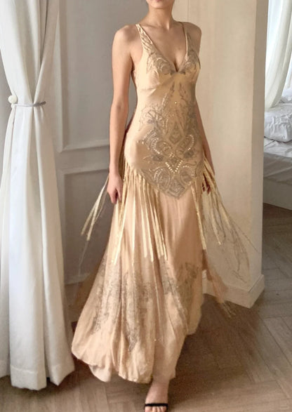 Flowing Champagne V-Neck Beaded Chiffon Tassel  Prom Dress P3492