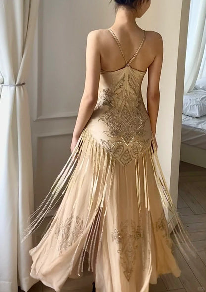 Flowing Champagne V-Neck Beaded Chiffon Tassel  Prom Dress P3492