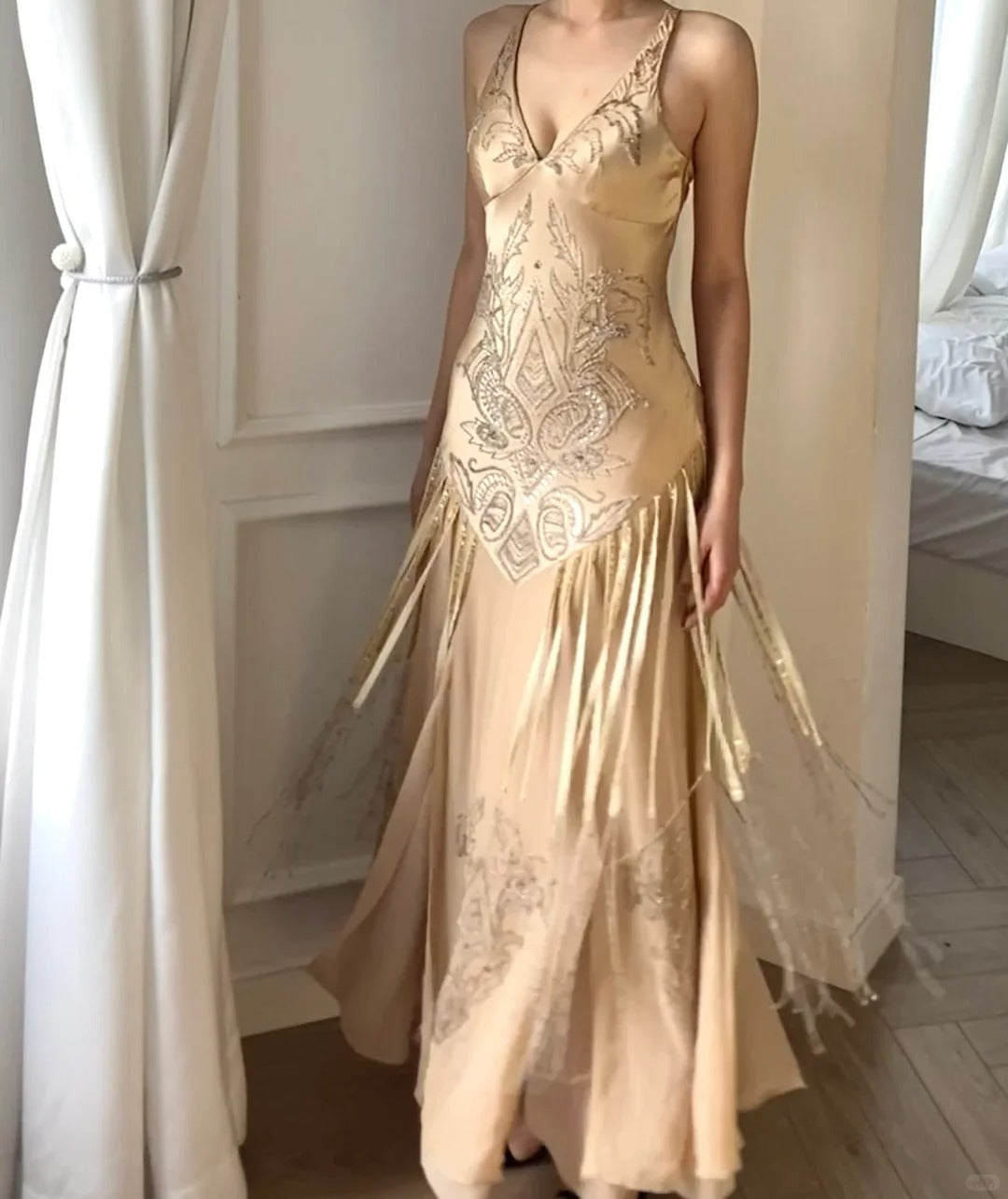 Flowing Champagne V-Neck Beaded Chiffon Tassel  Prom Dress P3492