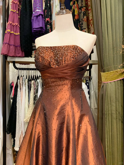 Vintage Beaded Strapless Satin Flower Bud Skirt Homecoming Dress P3506