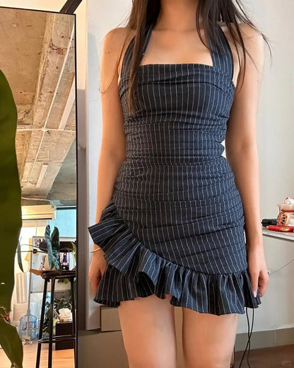 Chic Grey Striped Halter Neck Irregular Hem Homecoming Dress P3516