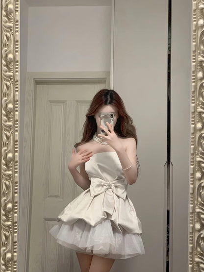 Cute White Strapless Bow Satin Tulle Mini 17th Birthday Homecoming Dress P3566