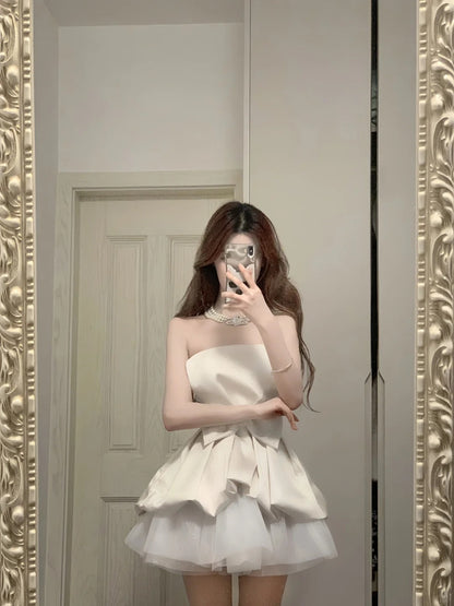 Cute White Strapless Bow Satin Tulle Mini 17th Birthday Homecoming Dress P3566