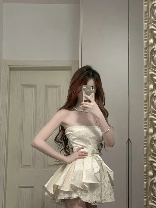 Sweet Tube Top Bow Lace Waist Mini 17th Birthday Homecoming Dress P3567