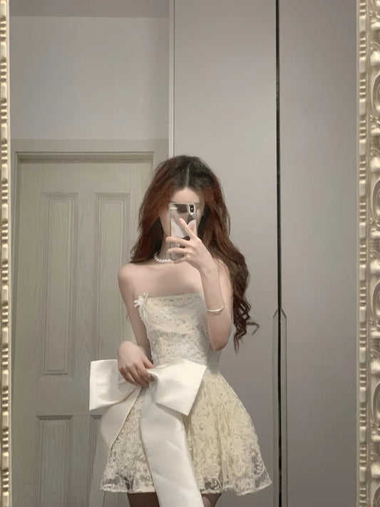Cute Lace Pearl Bow Strapless A-Line Mini 17th Birthday Homecoming Dress P3570