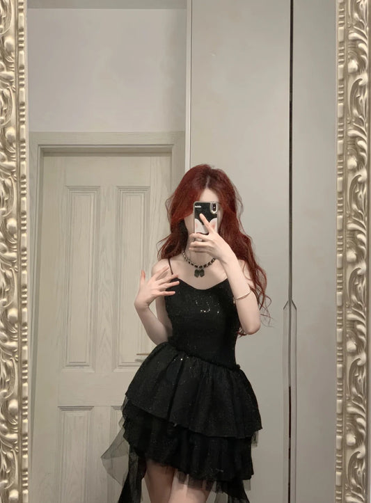 Shiny Black Spaghetti Strap Sequined Tulle Irregular Skirt 17th Birthday Homecoming Dress P3573