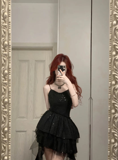 Shiny Black Spaghetti Strap Sequined Tulle Irregular Skirt 17th Birthday Homecoming Dress P3573
