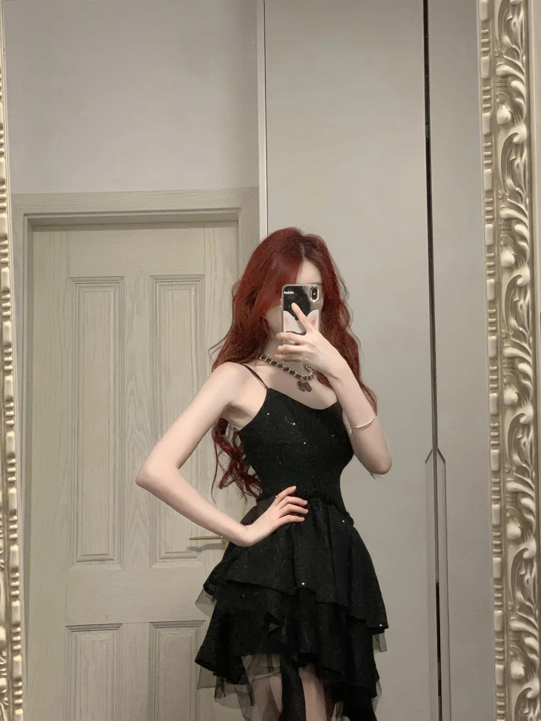 Shiny Black Spaghetti Strap Sequined Tulle Irregular Skirt 17th Birthday Homecoming Dress P3573