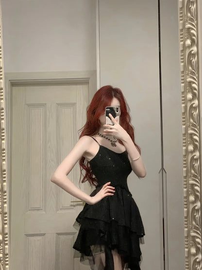 Shiny Black Spaghetti Strap Sequined Tulle Irregular Skirt 17th Birthday Homecoming Dress P3573