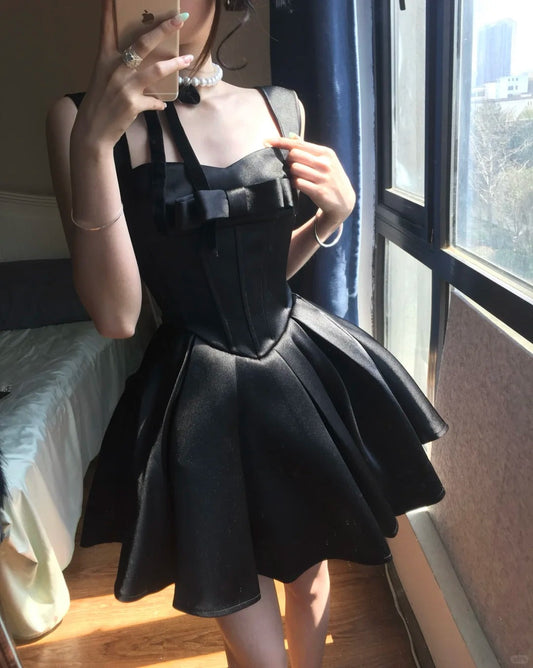 Cute Black Satin Bow A-Line Mini 17th Birthday Homecoming Dress P3582