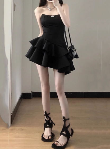 Elegant Black Satin Irregular Homecoming Dress Formal Party Gown