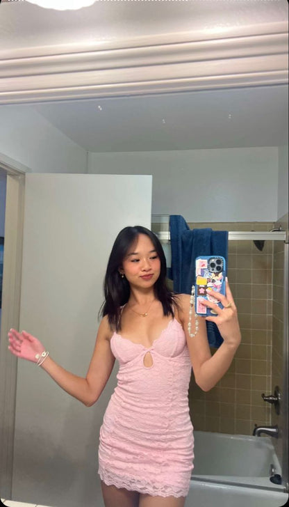 Sexy Pink Strapless Lace Open Back Mini Homecoming Dress P3636