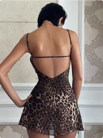 Sexy Leopard Print V-neck Suspender Hip 19th Birthday Homecoming Dress P3686