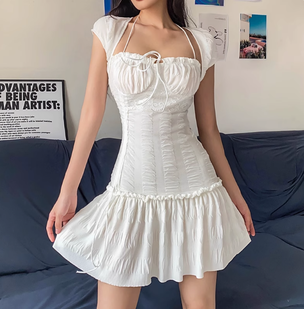 Sexy Low-cut Ruffled Waist Halter Neck A-line 17th Birthday Homecoming Dress P3688