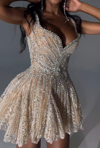 Vintage Silvery Shiny Beaded A-Line Short Party Dress Cocktail Dress Homecoming Dress TP4464