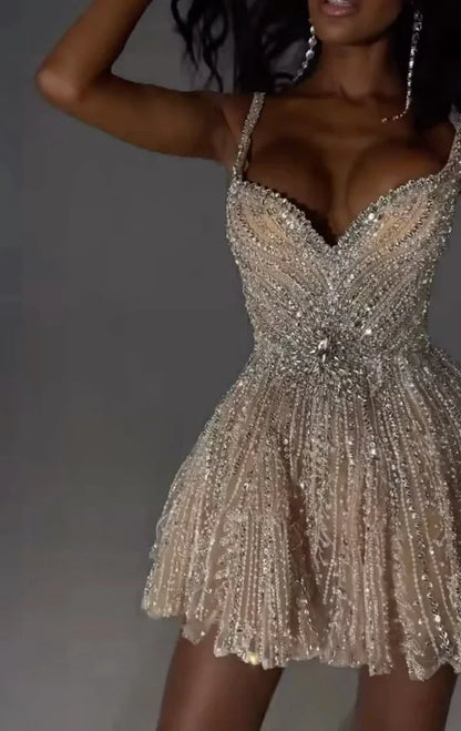 Vintage Silvery Shiny Beaded A-Line Short Party Dress Cocktail Dress Homecoming Dress TP4464