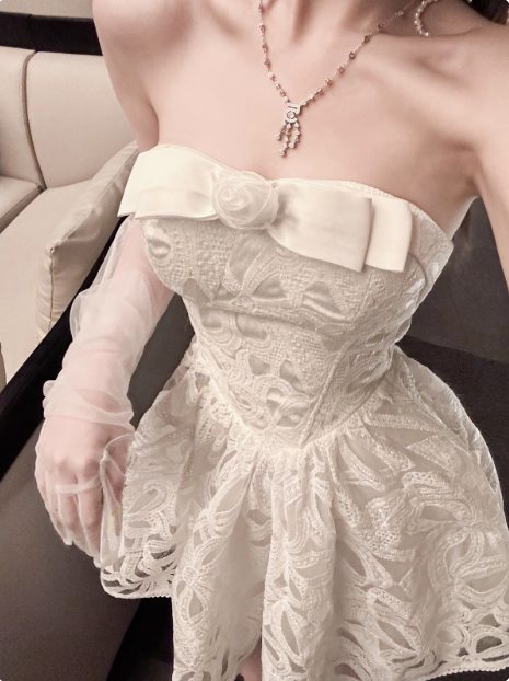 White Tube Top Bow Lace Birthday Dress Cute Homecoming Dress P3722