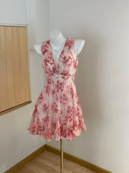 Sweet Pink Floral Backless Multi-Layered Pleated Chiffon Homecoming Dress P3727