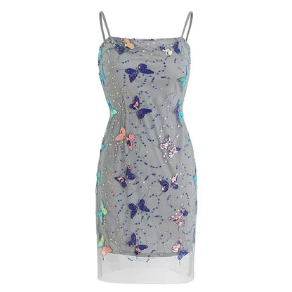 Elegant Sparkling Light Blue Spaghetti Strap Sequin Butterfly Design Sheath Chiffon Party Dress Homecoming Dress TP4082